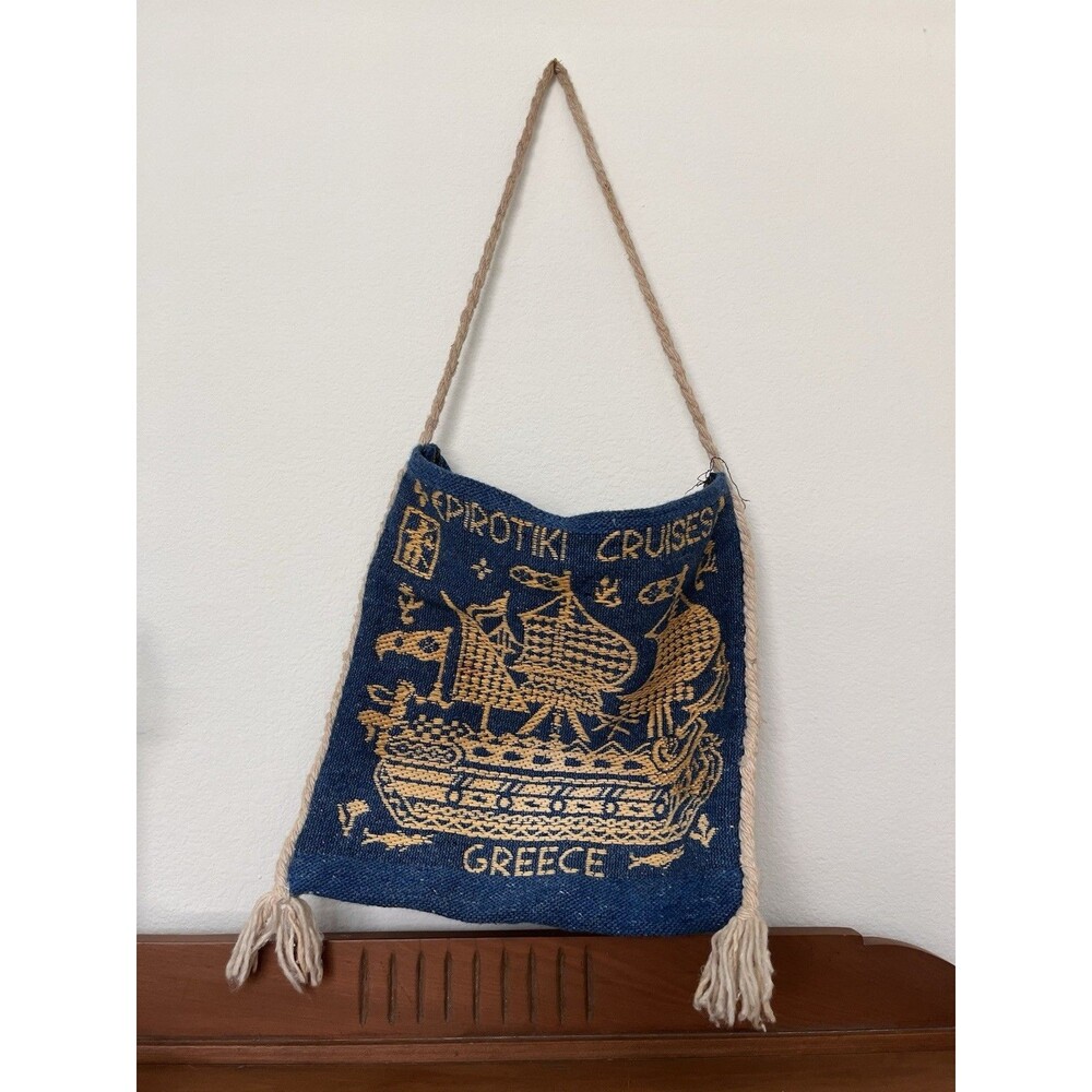 Epirotiki Cruises Greece Graphic Print Shoulder Bag Rope Strap w/ Tassels